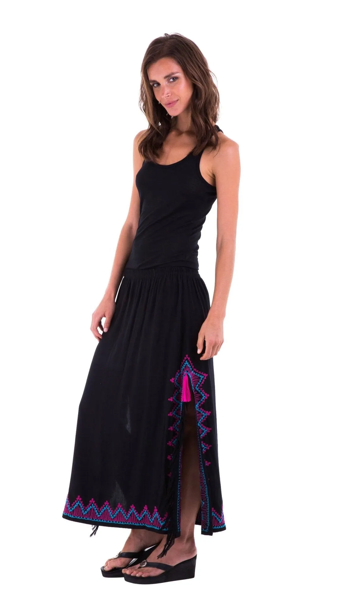 SHU-SHI Women's Long Boho Maxi Skirt with Embroidered Details and Side Slits