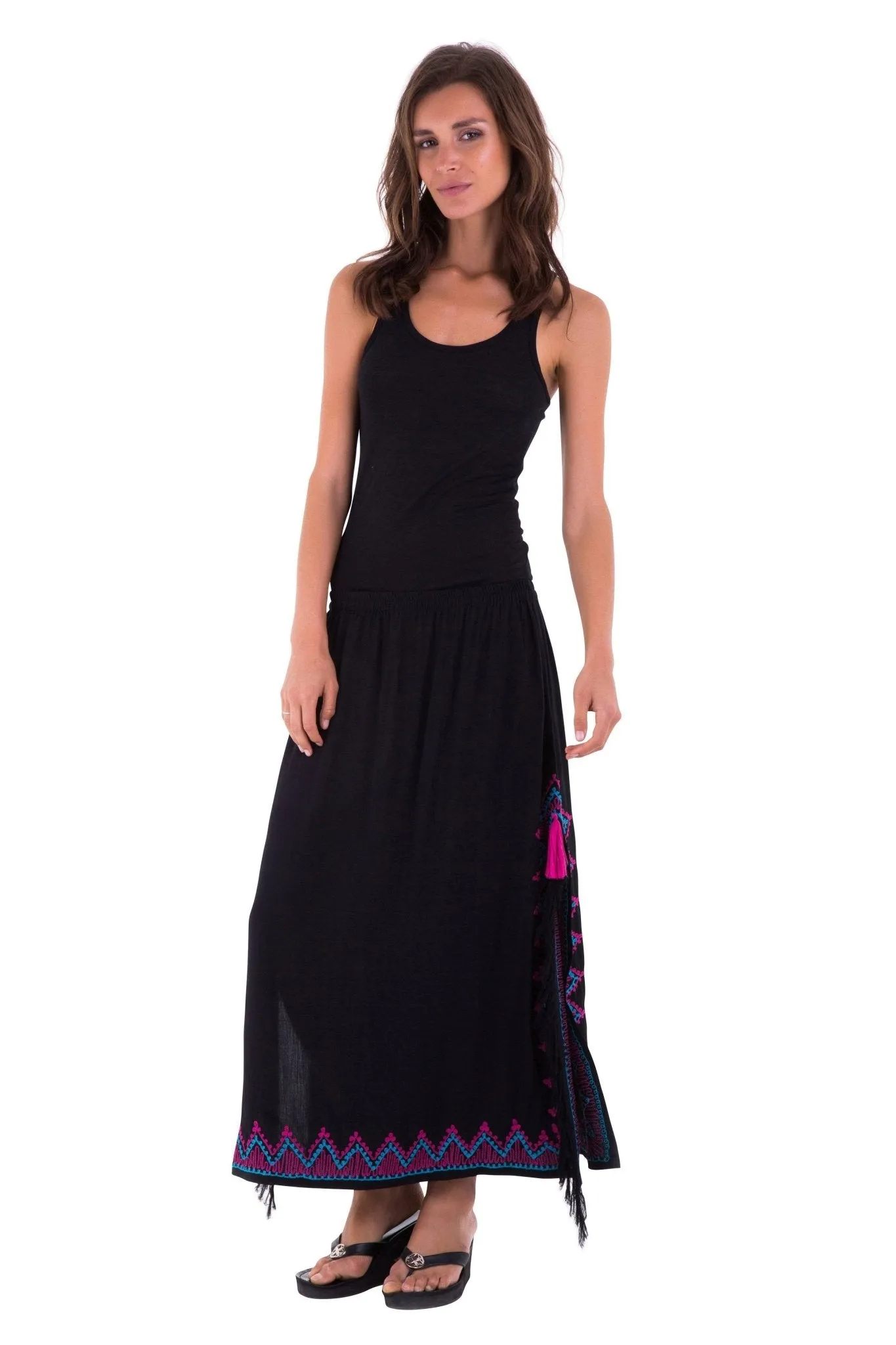 SHU-SHI Women's Long Boho Maxi Skirt with Embroidered Details and Side Slits