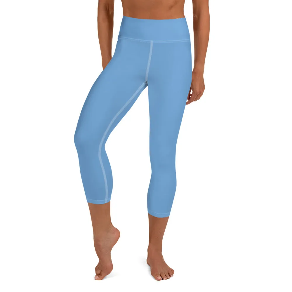 Sky Blue Yoga Capri Leggings, Solid Blue Color Women's Capris Tights-Made in USA/EU/MX