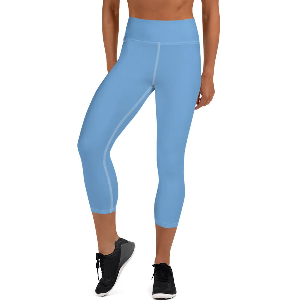 Sky Blue Yoga Capri Leggings, Solid Blue Color Women's Capris Tights-Made in USA/EU/MX