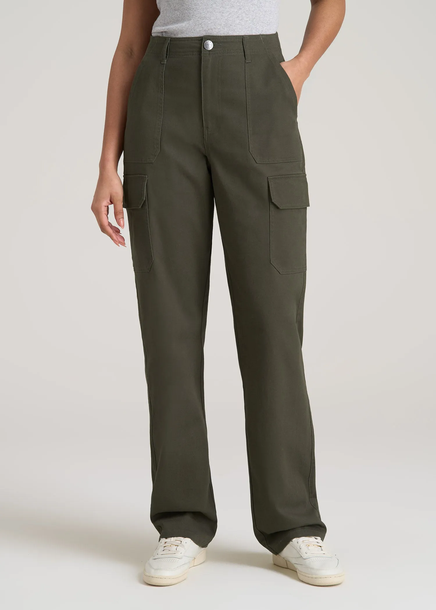 Straight Leg Cargo Chino Pants for Tall Women in Dark Moss Green