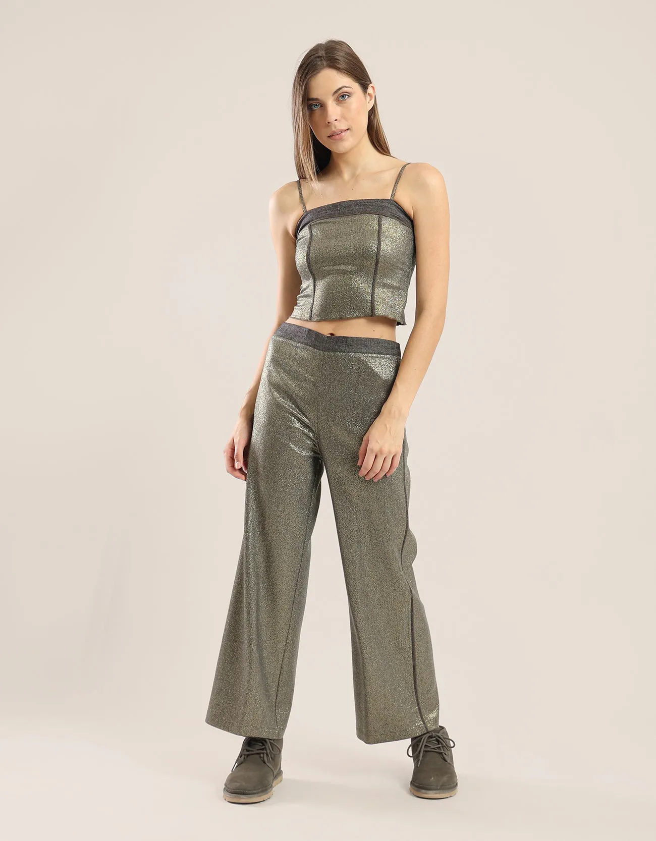 Straight leg pants with elastic on the back