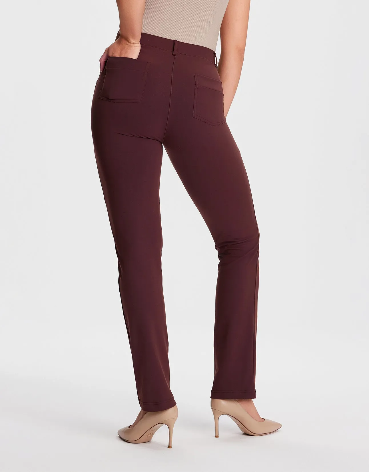 Straight Leg Yoga Dress Pants, 4 Pockets (Burgundy)