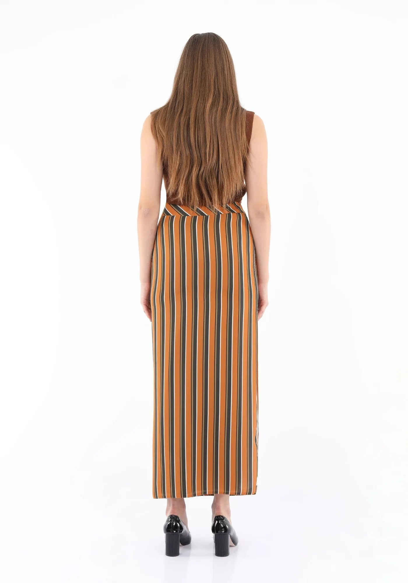 Striped Mustard Maxi Pencil Skirt with White Thin Plisse Slit