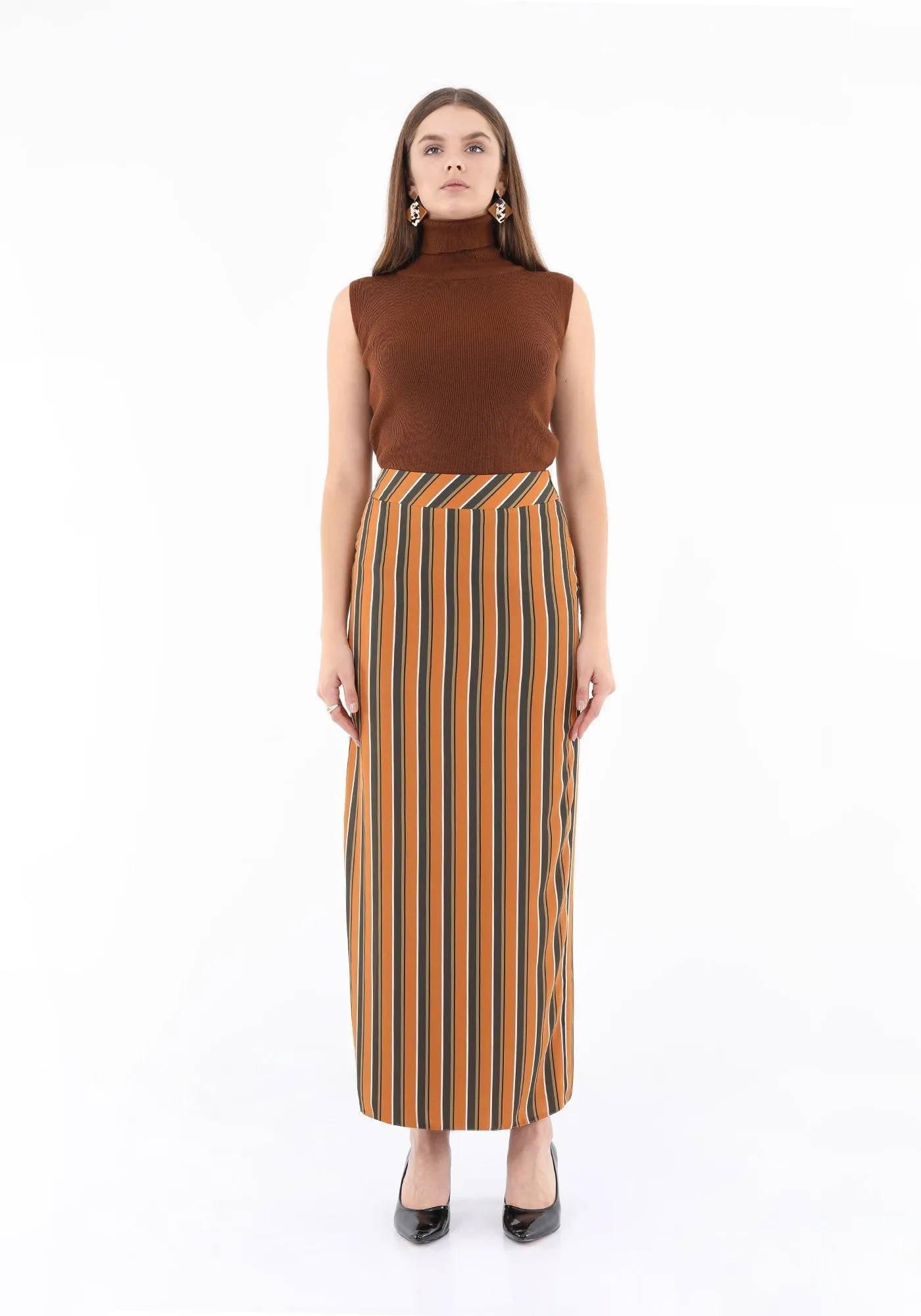 Striped Mustard Maxi Pencil Skirt with White Thin Plisse Slit