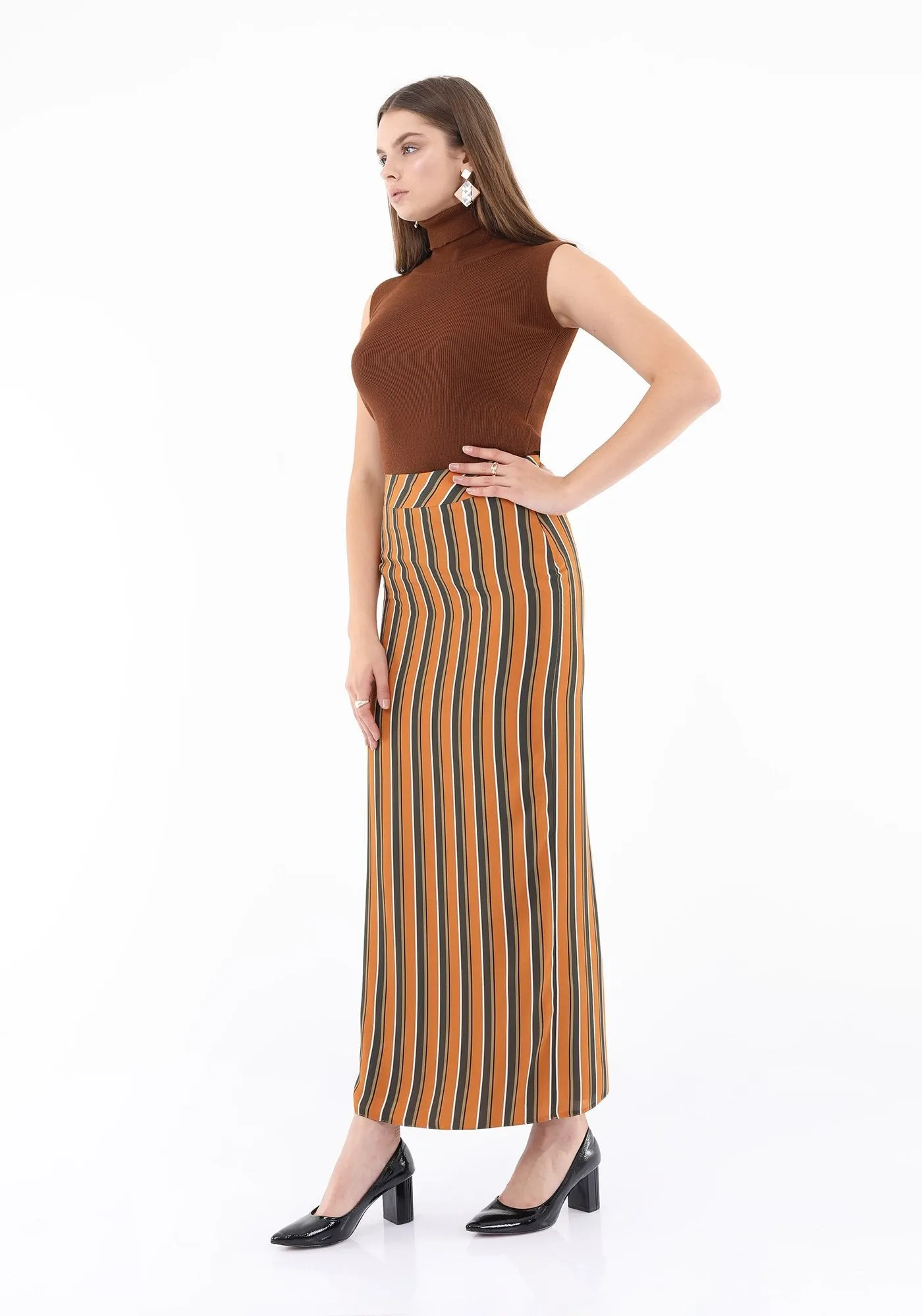 Striped Mustard Maxi Pencil Skirt with White Thin Plisse Slit