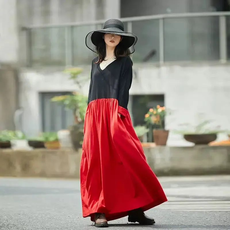 Summer Maxi Dress for Women V-neck Linen Robe Dress