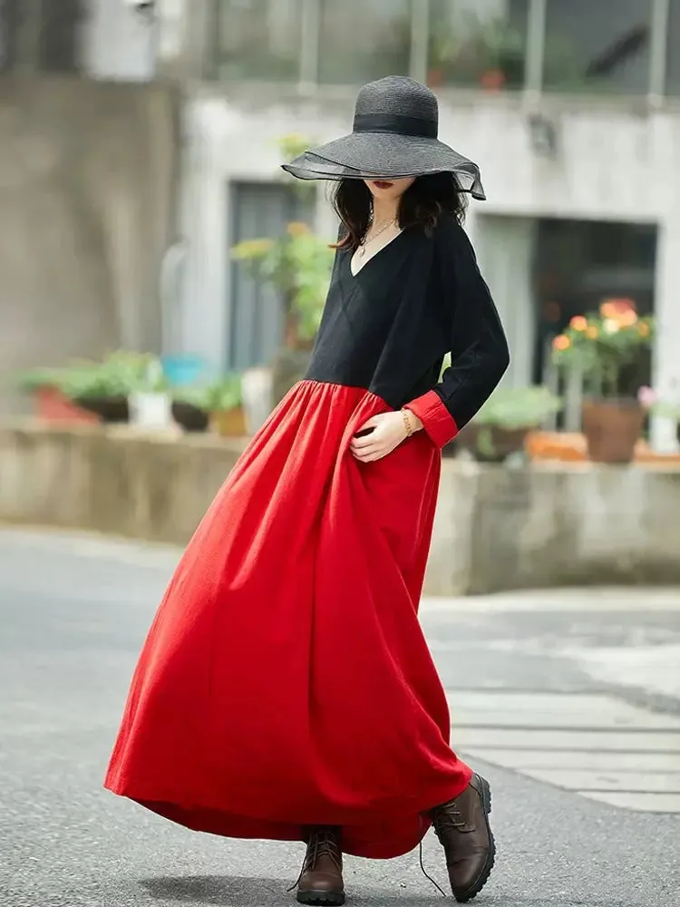 Summer Maxi Dress for Women V-neck Linen Robe Dress