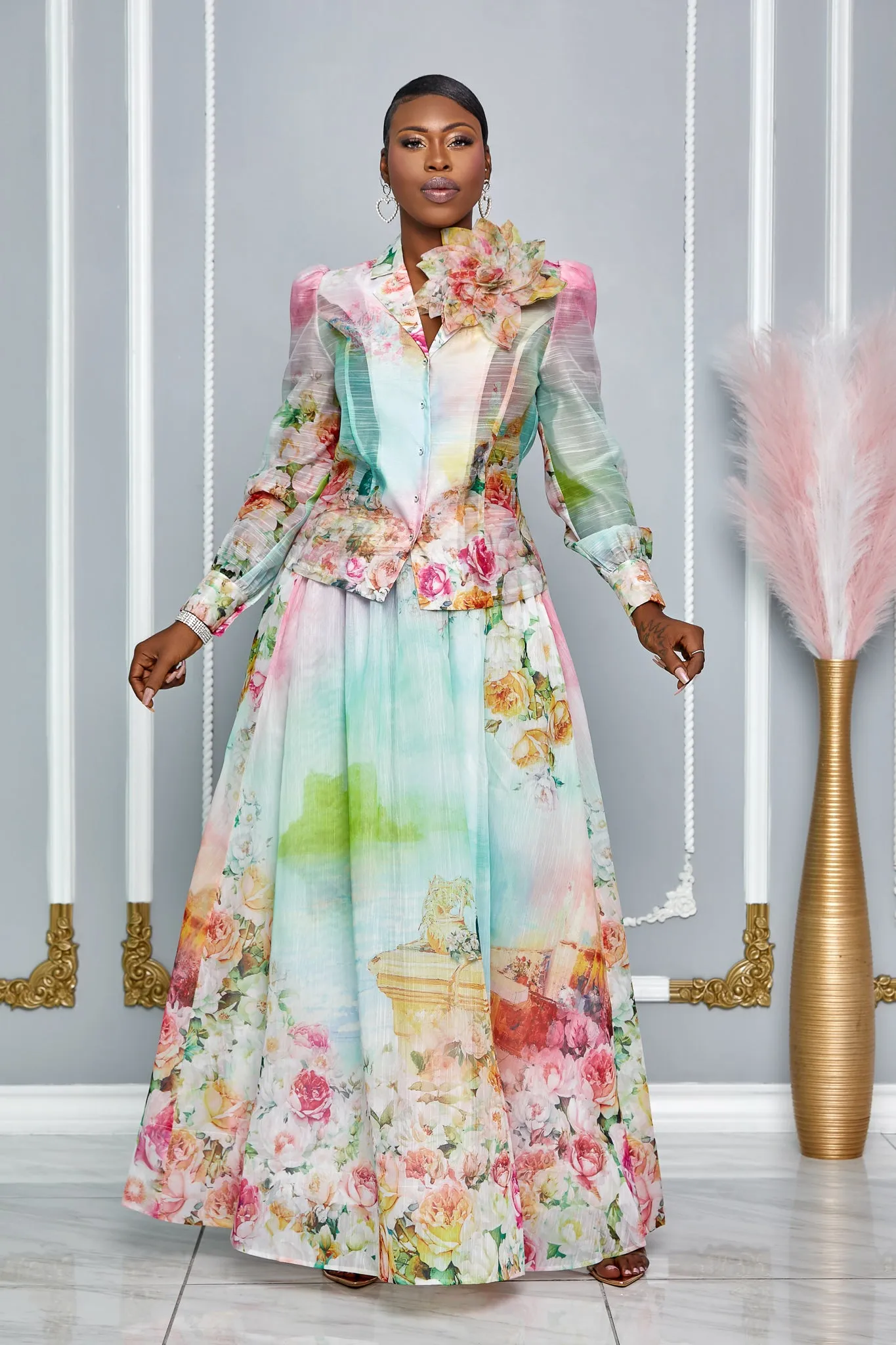 TREASURE FLOWER ACCENT BLOUSE & MAXI SKIRT SET (MULTICOLORED)