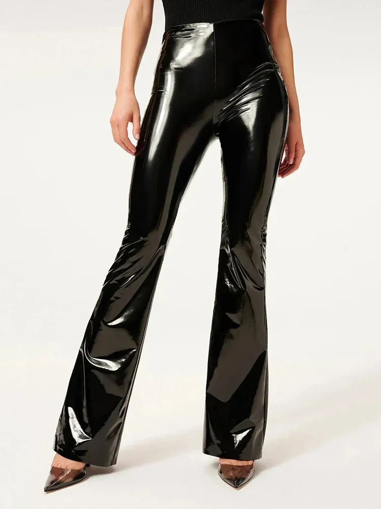 Trend4us High Waist Shiny Faux Leather Straight Pants