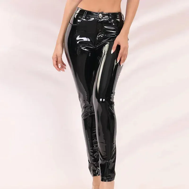 Trend4us Women's Glossy Faux Leather Slim Fit Trousers