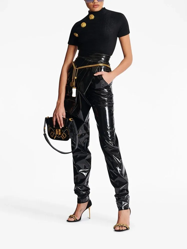 Trend4us Women's High-Waisted Glossy Patent Leather Draped Pants