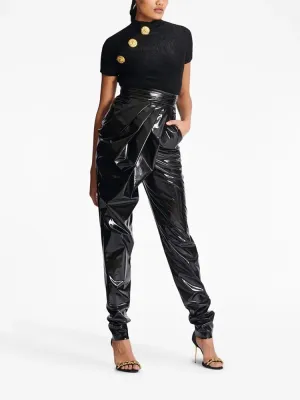 Trend4us Women's High-Waisted Glossy Patent Leather Draped Pants