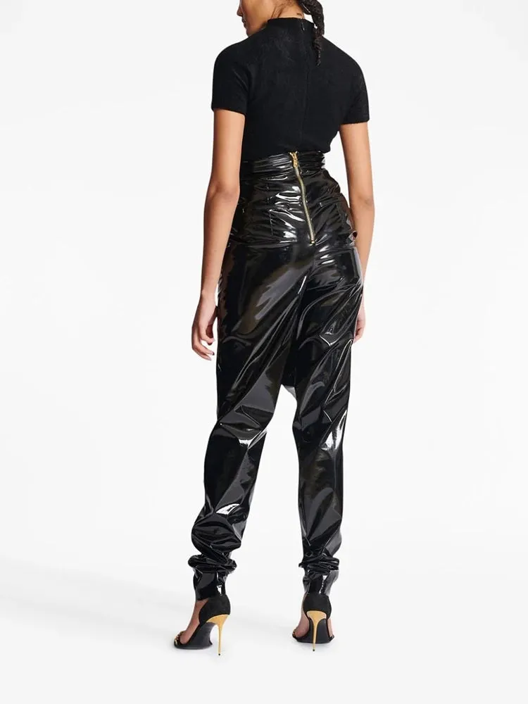 Trend4us Women's High-Waisted Glossy Patent Leather Draped Pants