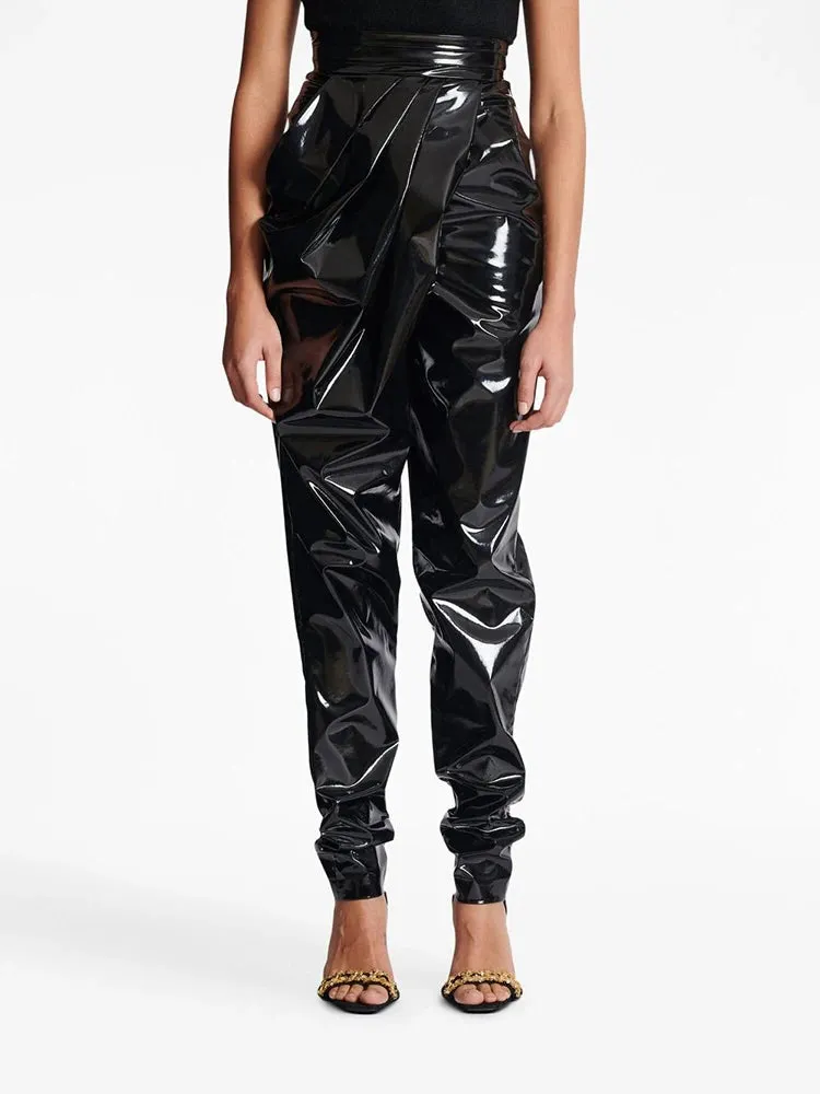 Trend4us Women's High-Waisted Glossy Patent Leather Draped Pants