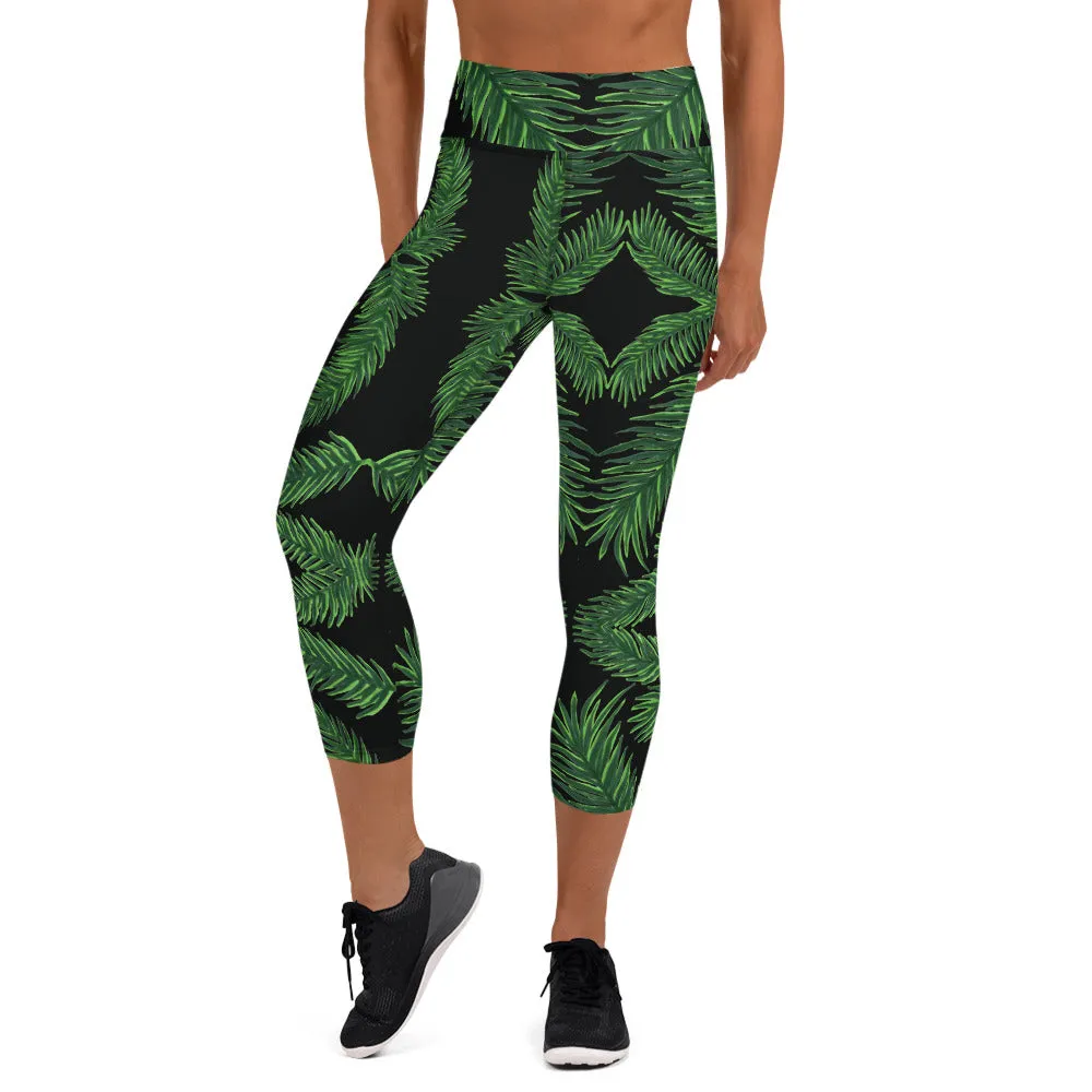 Tropical Leaf Yoga Capri Leggings, Women's Palm Leaves Print Soft Tights-Made in USA/EU