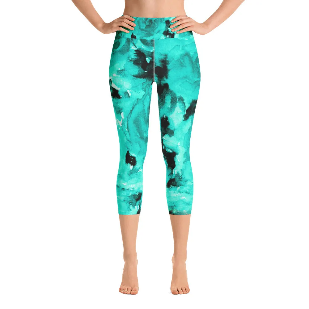 Turquoise Blue Floral Capris Tights, Best Floral Print Capri Leggings, Rose Print Women's Pants -Made in USA/ EU