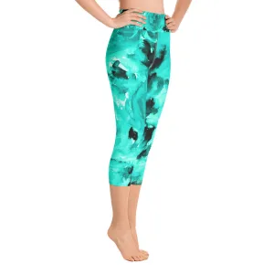 Turquoise Blue Floral Capris Tights, Best Floral Print Capri Leggings, Rose Print Women's Pants -Made in USA/ EU