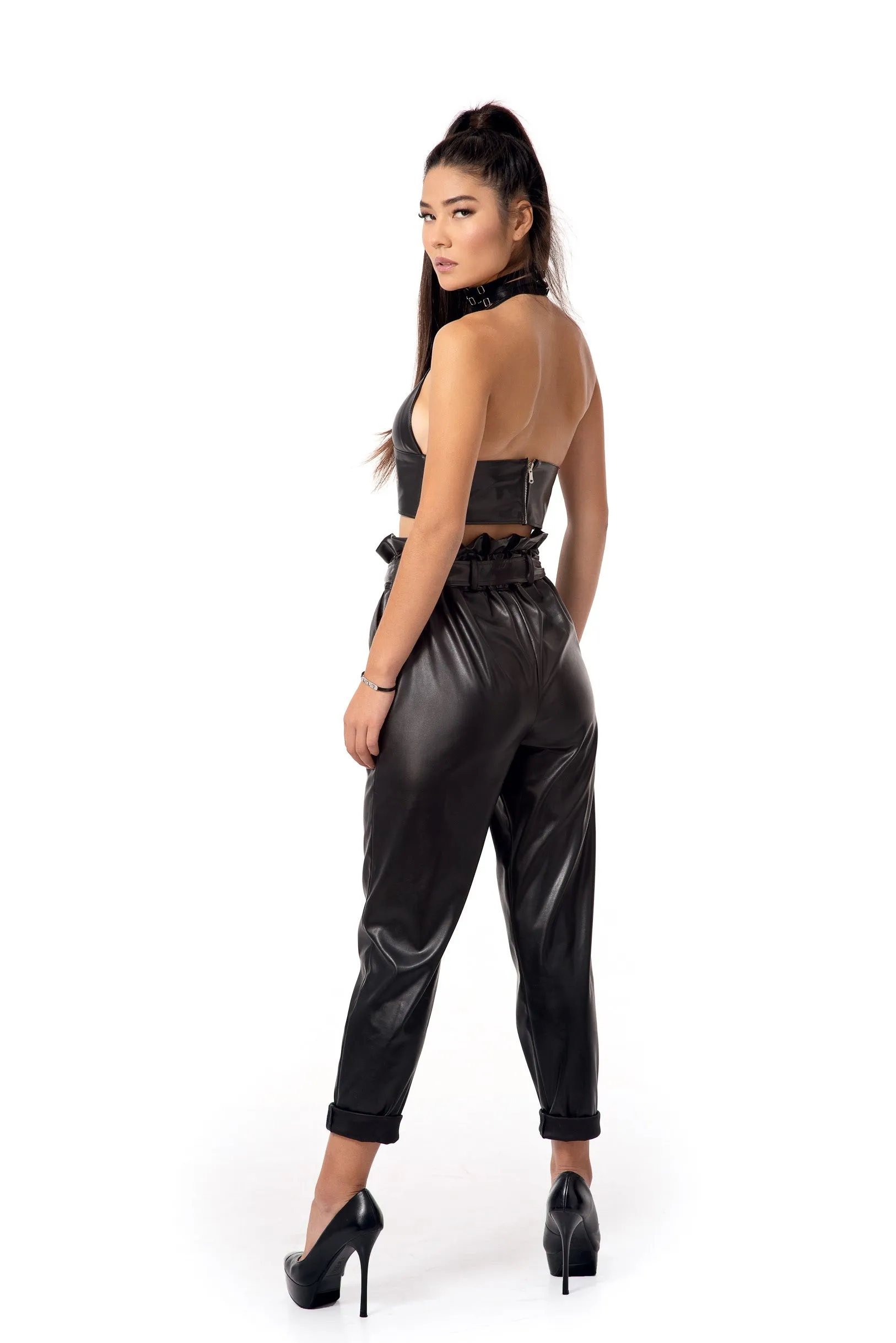 Vegan Leather Pants and Cropped wrap Top.