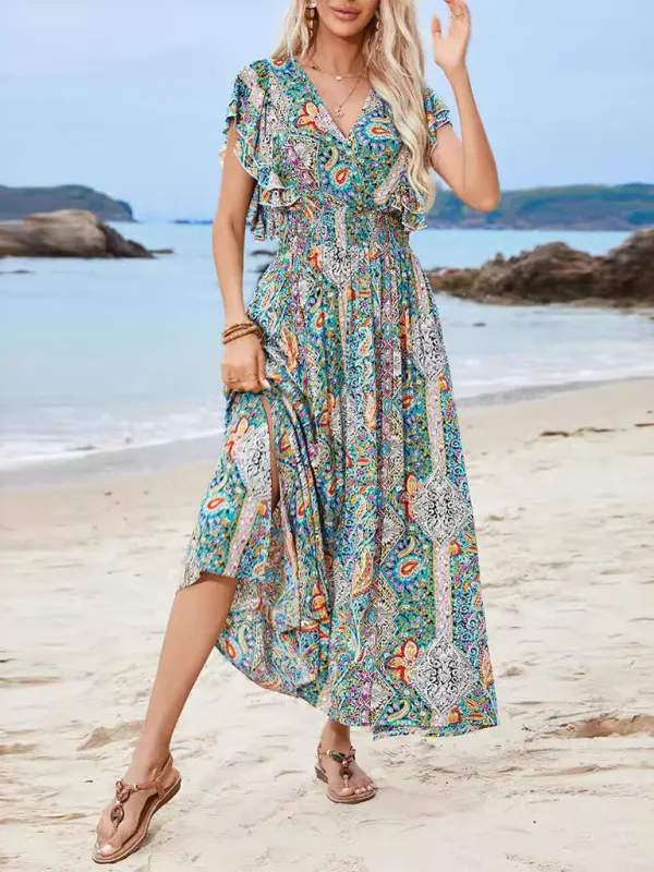 Vibrant Boho Flowy Maxi Dress with Tie-back