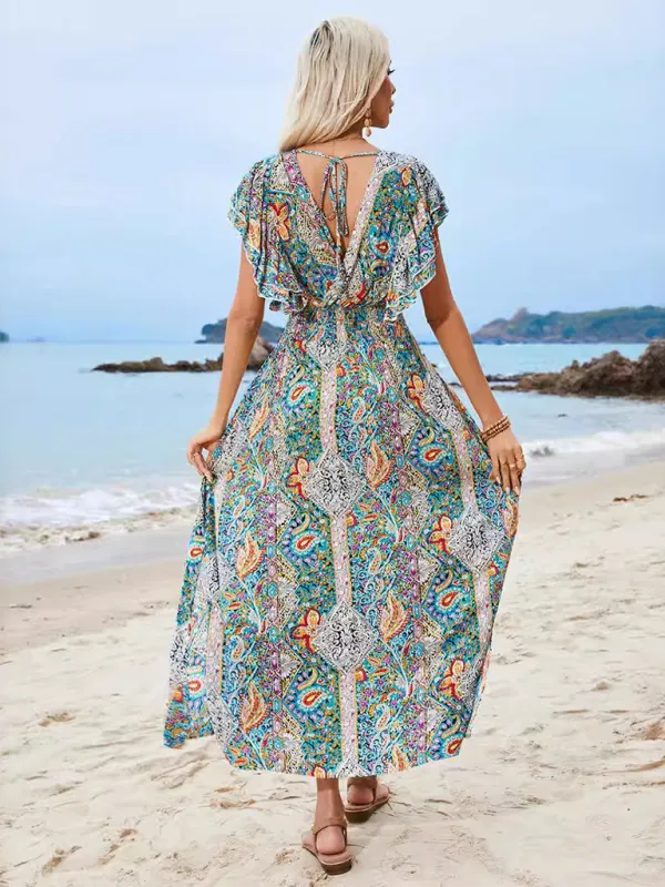 Vibrant Boho Flowy Maxi Dress with Tie-back