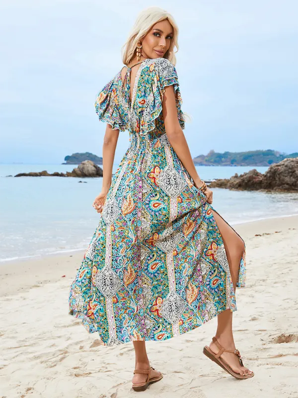 Vibrant Boho Flowy Maxi Dress with Tie-back