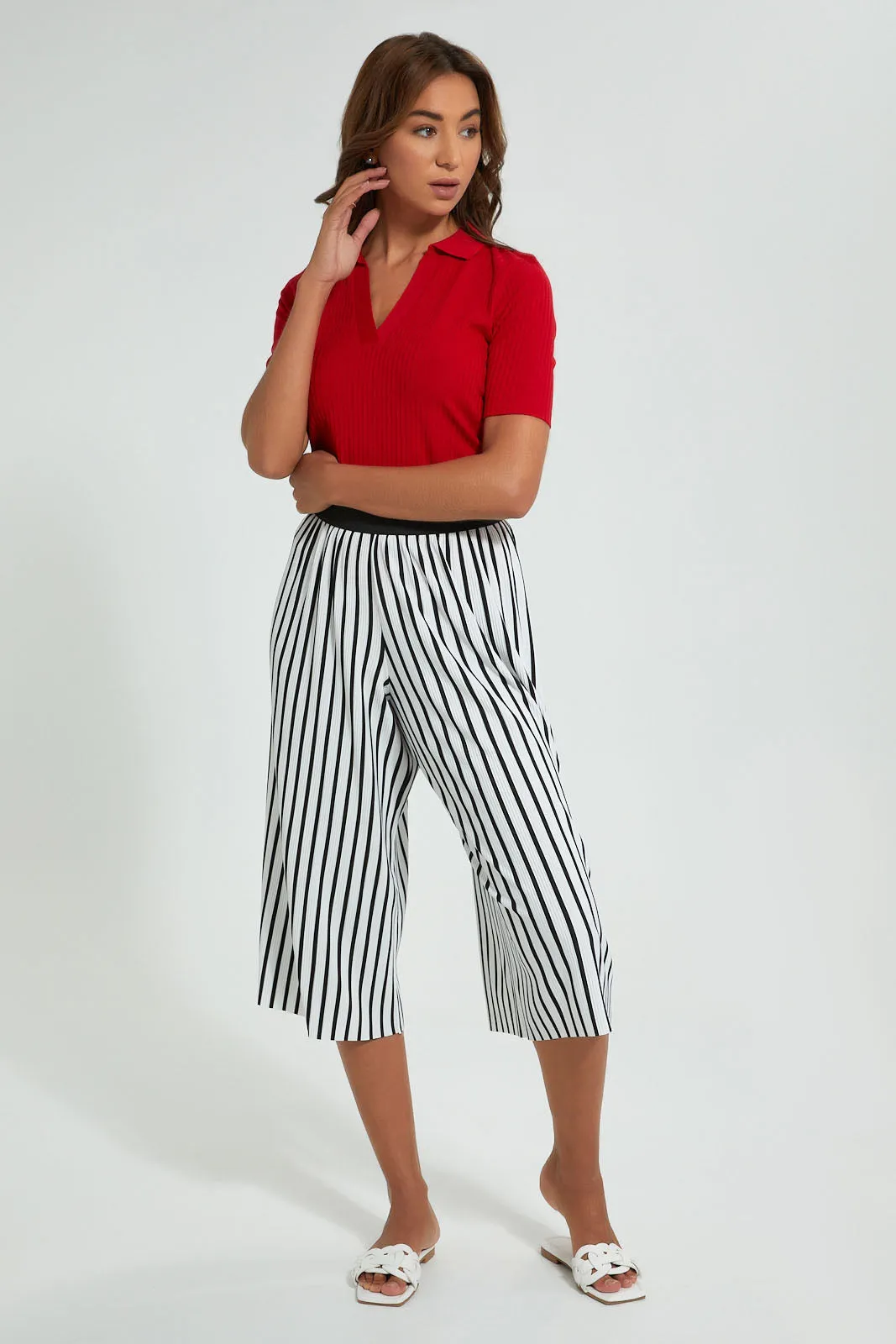 White And Black Striped Wide-Leg Culotte