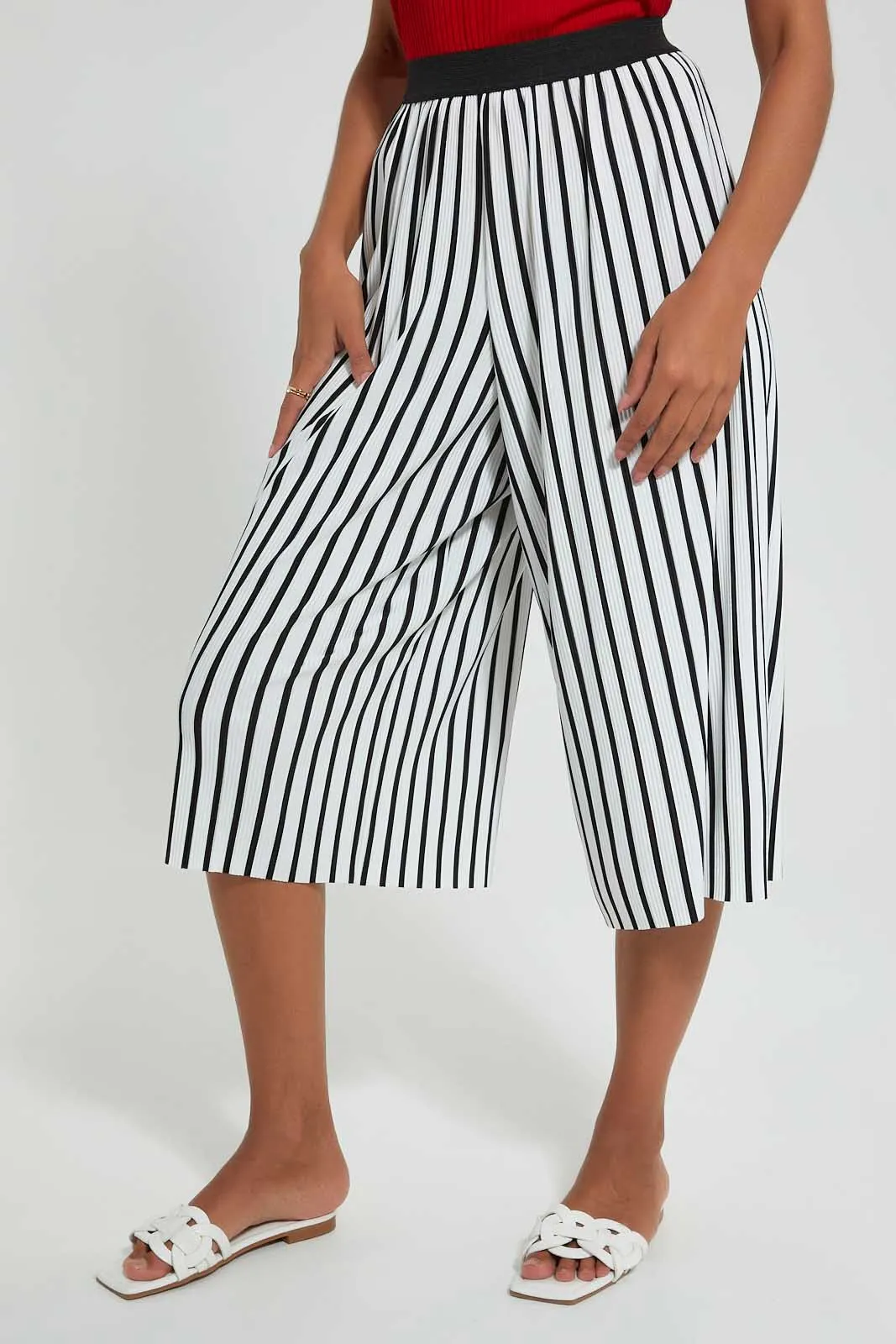 White And Black Striped Wide-Leg Culotte