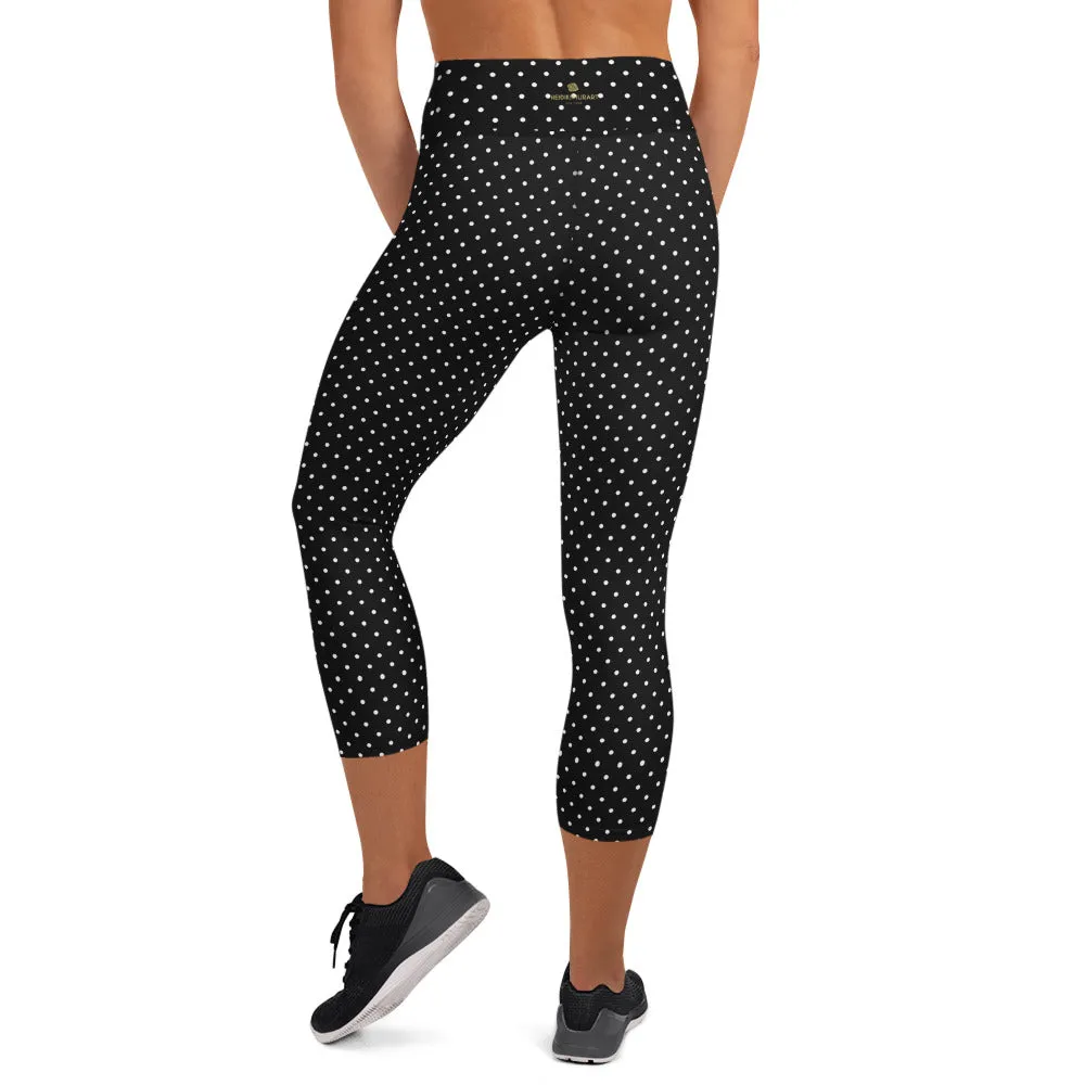 White Dots Yoga Capri Leggings, Black Polka Dots Comfy Capris Tights For Women-Made in USA/EU