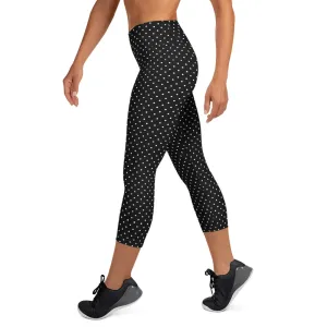 White Dots Yoga Capri Leggings, Black Polka Dots Comfy Capris Tights For Women-Made in USA/EU