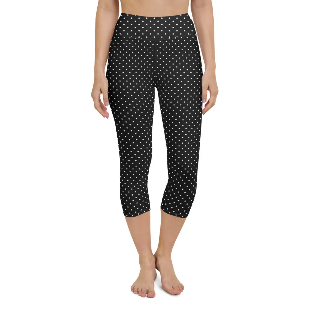 White Dots Yoga Capri Leggings, Black Polka Dots Comfy Capris Tights For Women-Made in USA/EU