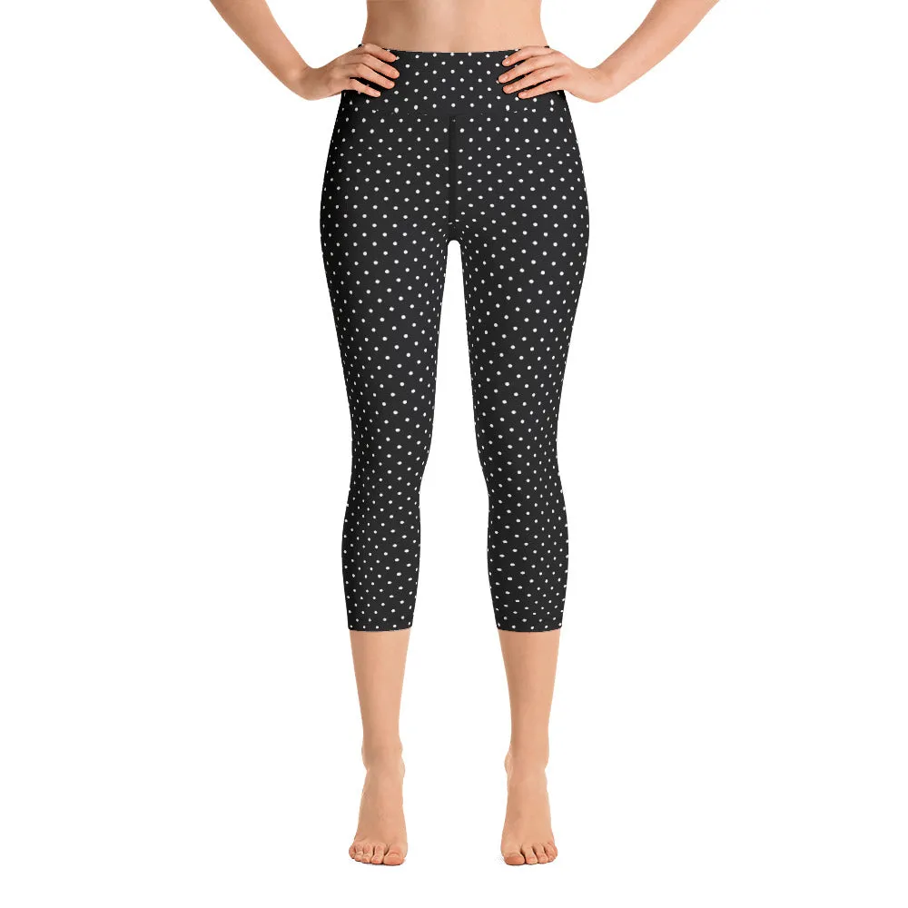 White Dots Yoga Capri Leggings, Black Polka Dots Comfy Capris Tights For Women-Made in USA/EU