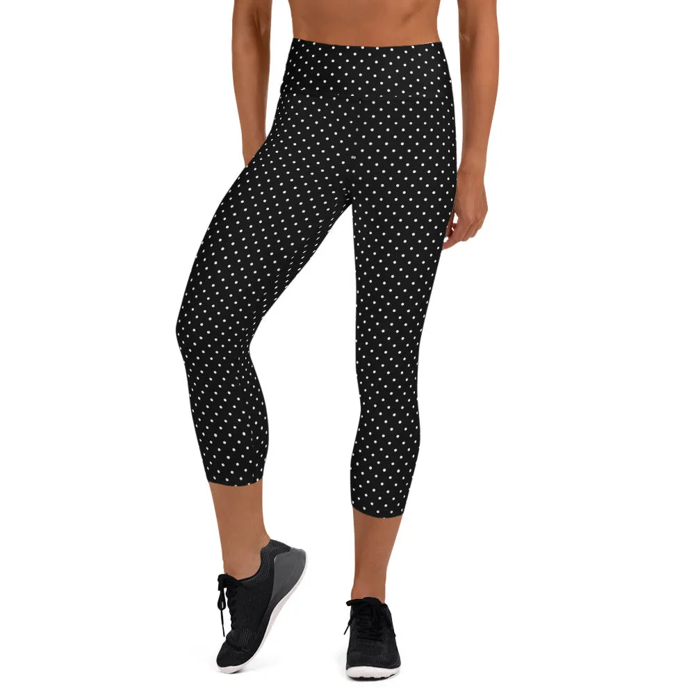 White Dots Yoga Capri Leggings, Black Polka Dots Comfy Capris Tights For Women-Made in USA/EU