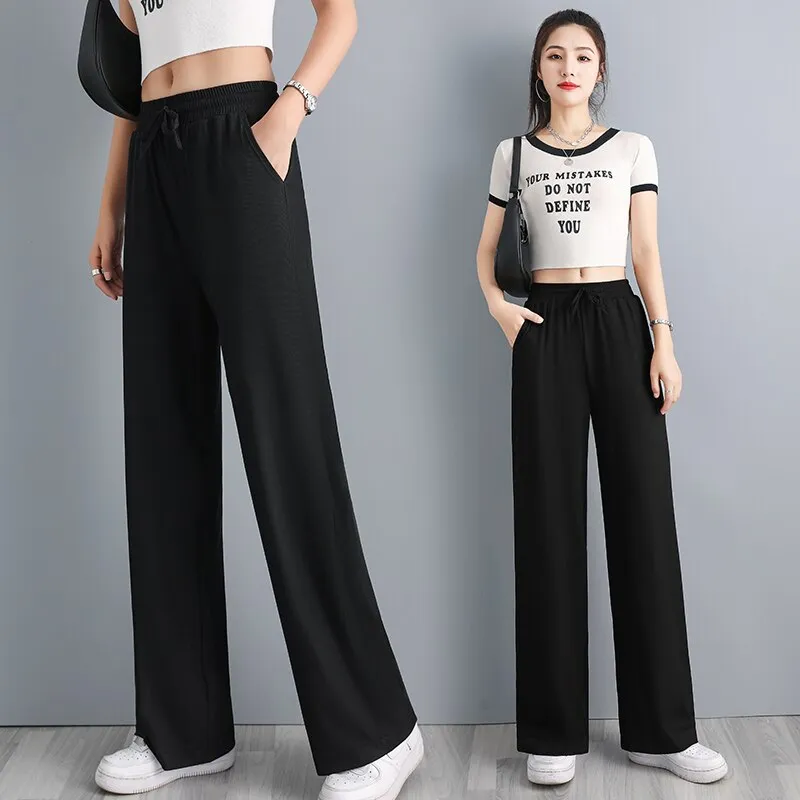 Wjczt Ice Silk Wide Leg Pants Women'S Spring High Waist Hanging Feeling Loose Summer Thin Casual Straight Tube Feeling Trouser