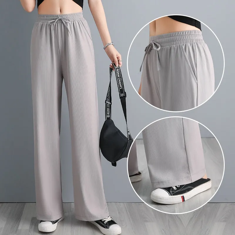 Wjczt Ice Silk Wide Leg Pants Women'S Spring High Waist Hanging Feeling Loose Summer Thin Casual Straight Tube Feeling Trouser