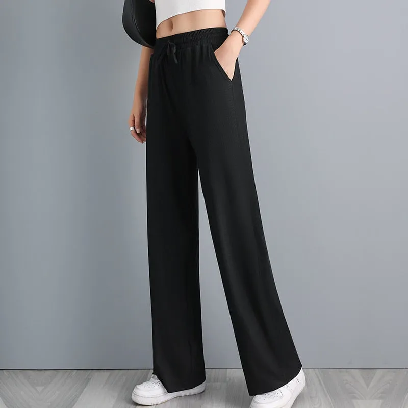 Wjczt Ice Silk Wide Leg Pants Women'S Spring High Waist Hanging Feeling Loose Summer Thin Casual Straight Tube Feeling Trouser