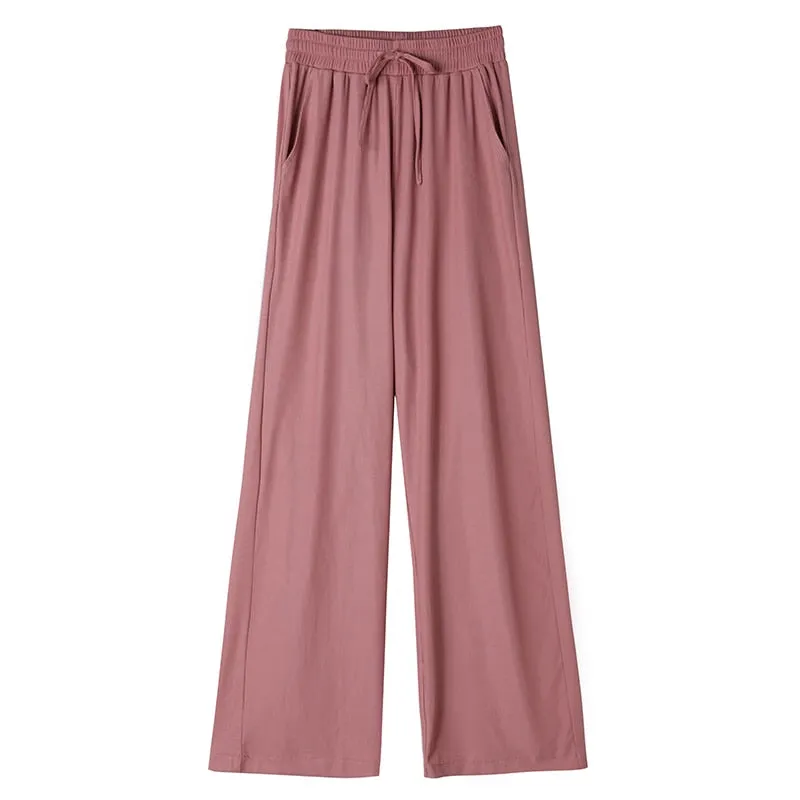 Wjczt Ice Silk Wide Leg Pants Women'S Spring High Waist Hanging Feeling Loose Summer Thin Casual Straight Tube Feeling Trouser