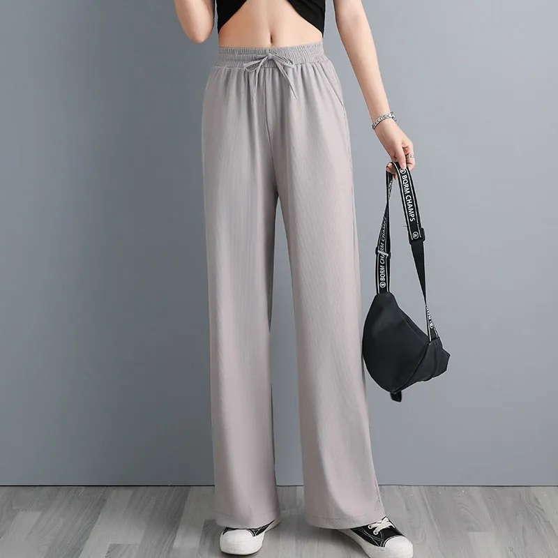 Wjczt Ice Silk Wide Leg Pants Women'S Spring High Waist Hanging Feeling Loose Summer Thin Casual Straight Tube Feeling Trouser