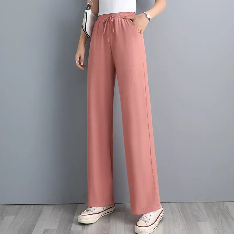 Wjczt Ice Silk Wide Leg Pants Women'S Spring High Waist Hanging Feeling Loose Summer Thin Casual Straight Tube Feeling Trouser