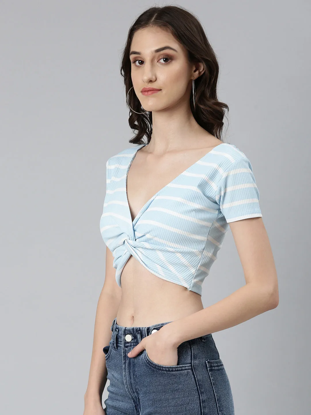 Women Blue Striped Blouson Crop Top