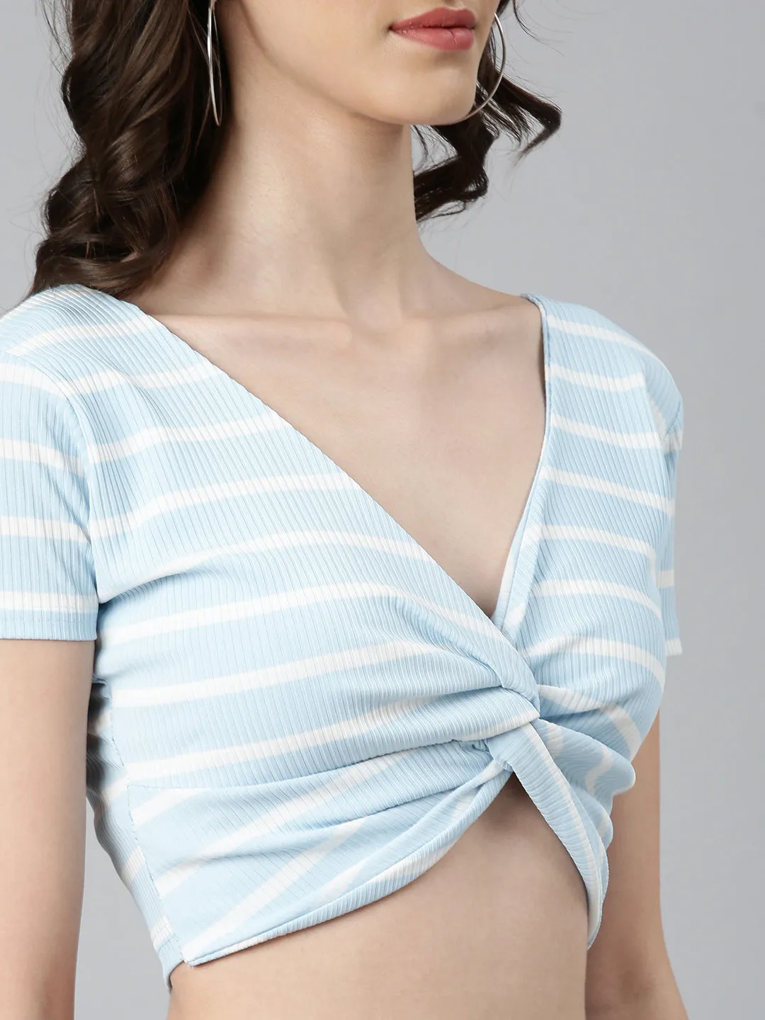 Women Blue Striped Blouson Crop Top