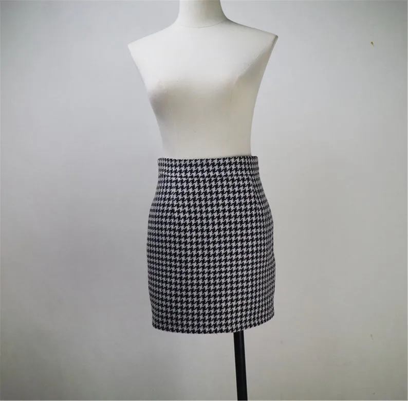 Women CUSTOM MADE Classic Houndstooth Tweed Jacket Coat Blazer  Skirts