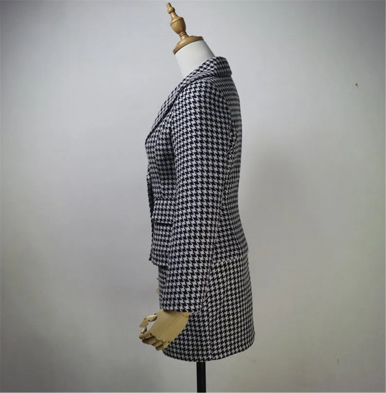 Women CUSTOM MADE Classic Houndstooth Tweed Jacket Coat Blazer  Skirts