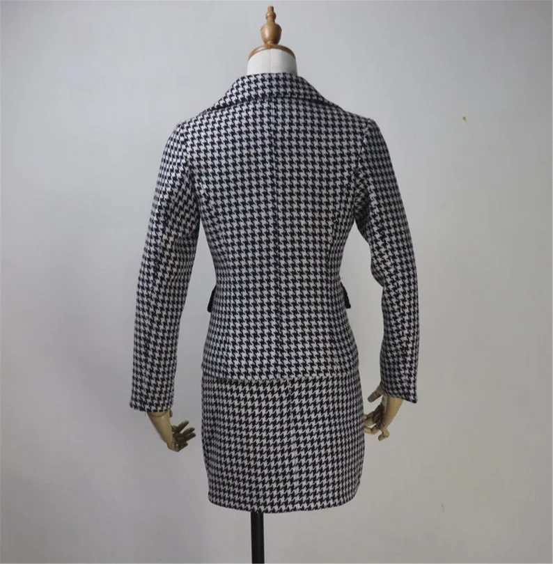 Women CUSTOM MADE Classic Houndstooth Tweed Jacket Coat Blazer  Skirts