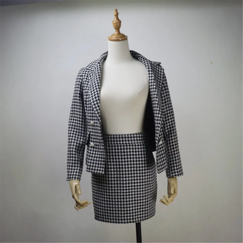 Women CUSTOM MADE Classic Houndstooth Tweed Jacket Coat Blazer  Skirts