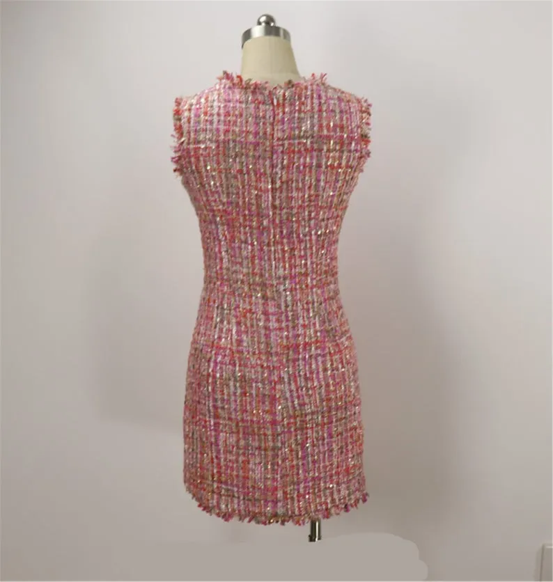 Women Custom Made Round Neck Sleeveless Tweed Sheath Dress Pink