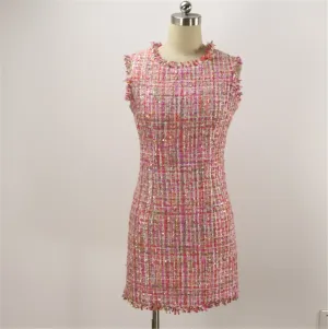 Women Custom Made Round Neck Sleeveless Tweed Sheath Dress Pink