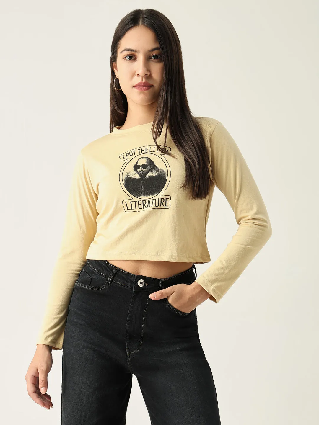 Women Graphic Beige Crop T Shirt