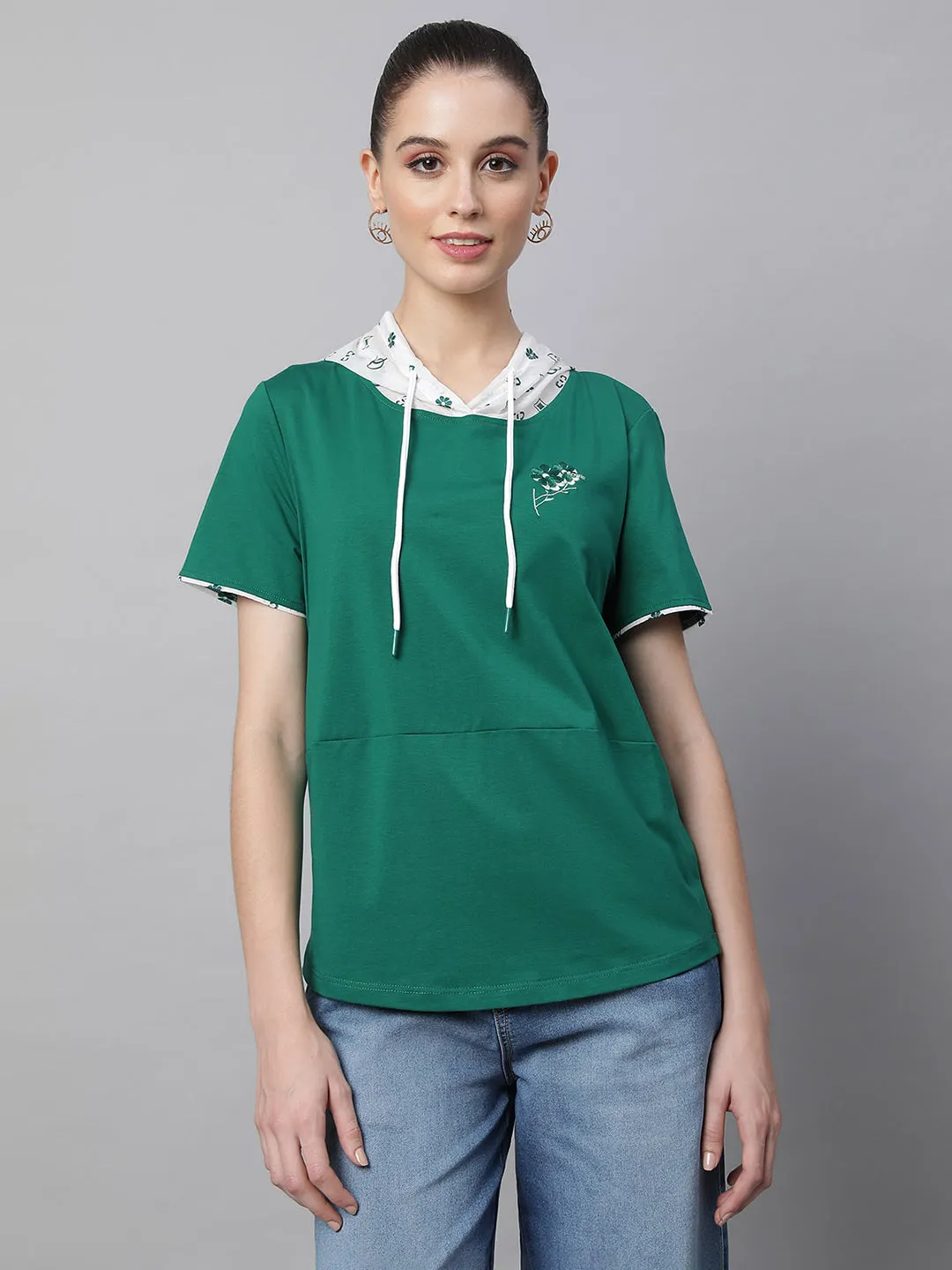 Women Green Regular Fit Hooded Top