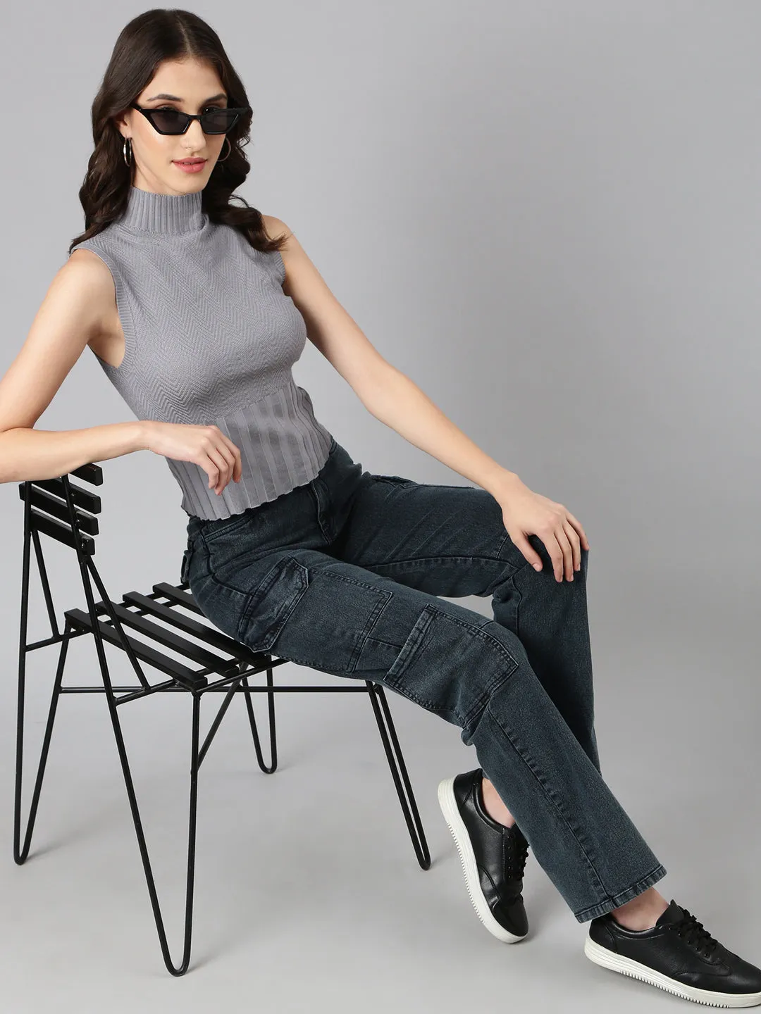 Women Grey Textured Top